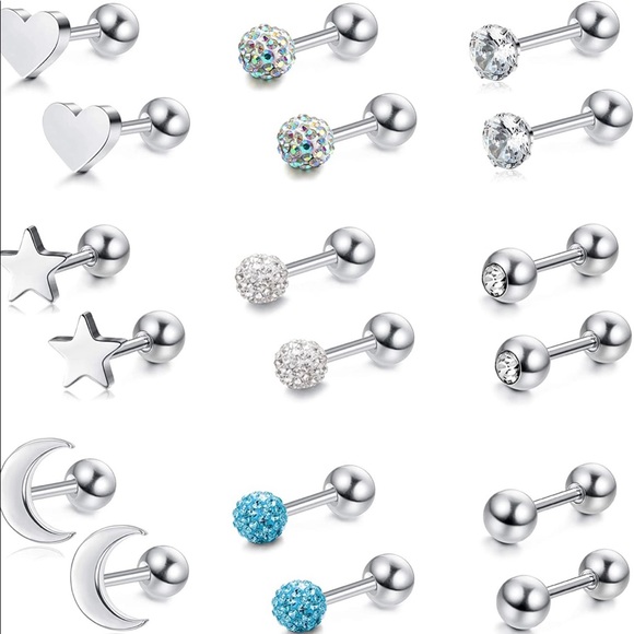 9 Pairs 18 Gauge Stainless Steel Cartilage Tragus Earring Stud Earrings - Picture 1 of 10